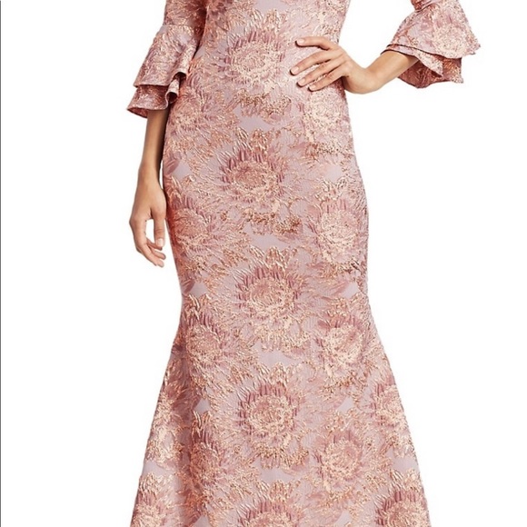 Theia Couture Metallic Floral Bell Sleeve Trumpet gown- Blush - Picture 2 of 10